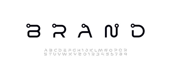 Technology science font, digital cyber alphabet with rings, uppercase letters A, B, C, D, E, F, G, H, I, J, K, L, M, N, O, P, Q, R, S, T, U, V, W, X, Y, Z and numerals 0, 1, 2, 3, 4, 5, 6, 7, 8, 9 spa