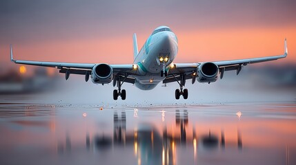 Obraz premium Large white airplane is taking off from a runway. The sky is a beautiful orange color, and the water is calm. The scene is peaceful and serene, with the airplane soaring through the air