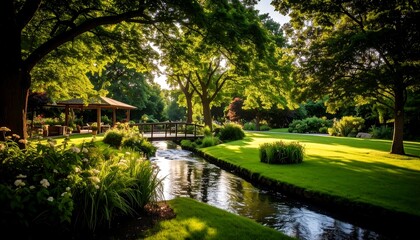 Serene park scene Sunlit stream with lush green grass, and and wooden bridge Idyllic spot.