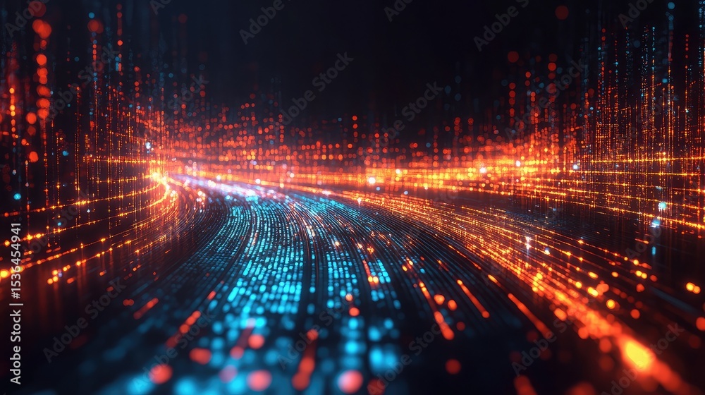 Wall mural abstract image of digital data stream with orange and blue light trails on a dark background