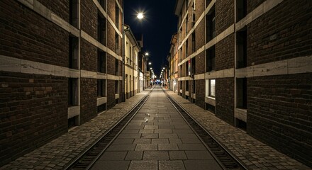 a street with a brick wall and a light pole
