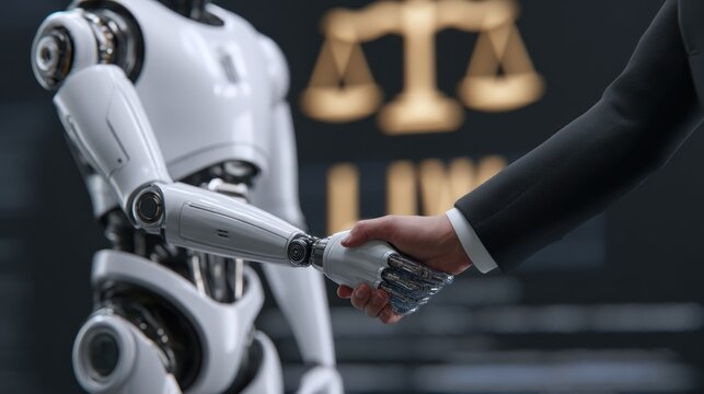 Futuristic AI robot and human shaking hands in front of a screen displaying ethical guidelines and legal frameworks, cooperation between humans and machines concept, clean background, editorial use
