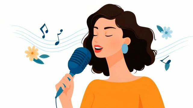 Woman Joyfully Singing into a Microphone Surrounded by Musical Notes and Flowers in a Colorful Illustration