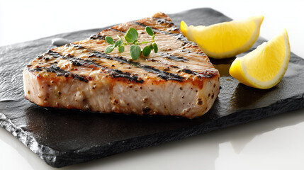 Photo of a thick yellowtail steak served on a plate with lemon