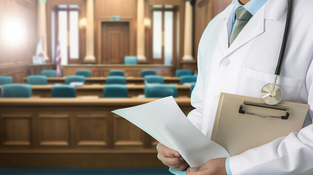 Distressed doctor holding legal documents with worried expression, symbolizing medical lawsuit stress and legal challenges in healthcare profession.