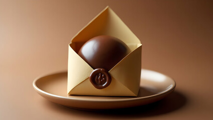 Chocolate A round chocolate in a folded paper envelope with wax seal sits diagonally on a ceramic dish