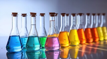 A row of colorful test tubes with liquid in them, arranged in a neat row on a reflective surface.