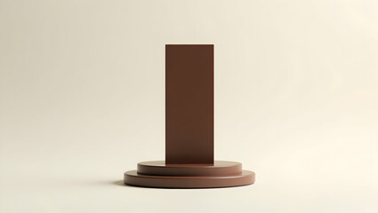 Chocolate A tall rectangular chocolate tower is centered on a thin disc-shaped pedestal, isolated in bright lighting