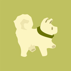 Cartoon Dog With Green Collar. Cute cartoon dog with curled tail and green collar standing on olive background. Flat minimal style, side view.
