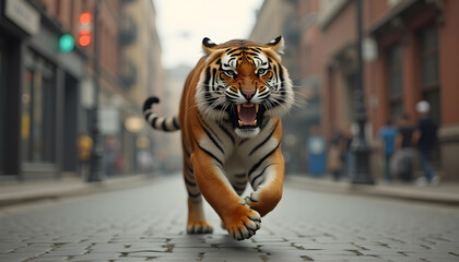 Tiger running through the city