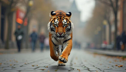 Tiger running through the city