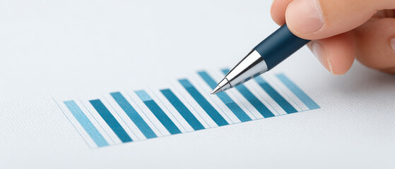 Bar graph with blue bars and hand holding pen pointing at chart data