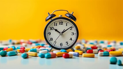 An alarm clock sits prominently in the center, surrounded by an array of colorful pills. The vibrant scene highlights the importance of medication reminders at home.