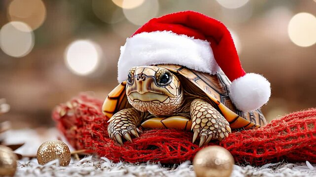 Festive tortoise in santa hat celebrating christmas.