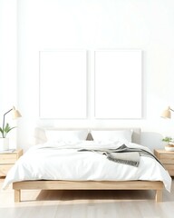 Minimalist bedroom mockup with two blank frames