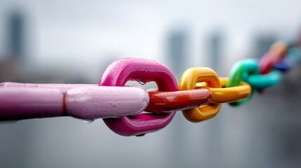 Chain of colorful links is shown, with the pink and yellow links being the most prominent. The chain is suspended in the air, and the colors of the links create a sense of vibrancy and energy