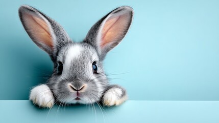 Obraz premium Rabbit is peeking out from behind a wall. The rabbit is looking at the camera with its eyes wide open. The image has a playful and curious mood
