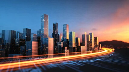 Sunset city view with car light trails shows moving traffic under skyscrapers, blending urban speed with tech style AI stream and data flow - Powered by Adobe