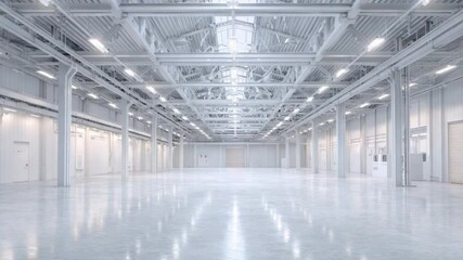 Spacious Industrial Warehouse: A modern industrial warehouse interior, boasting an expansive, light-filled space with a polished concrete floor and symmetrical architecture. - Powered by Adobe
