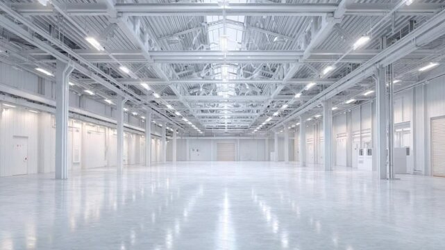 Spacious Industrial Warehouse: A modern industrial warehouse interior, boasting an expansive, light-filled space with a polished concrete floor and symmetrical architecture.