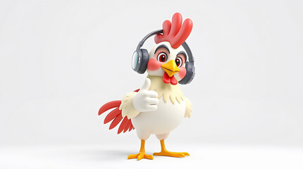 Cartoon Chicken with Headphones Giving Thumbs Up Mascot Character on White Background for Gaming Music Entertainment Apps Advertising