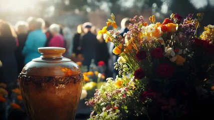 A decorative urn beside a vibrant flower arrangement during a memorial or remembrance ceremony, with people blurred in the background.