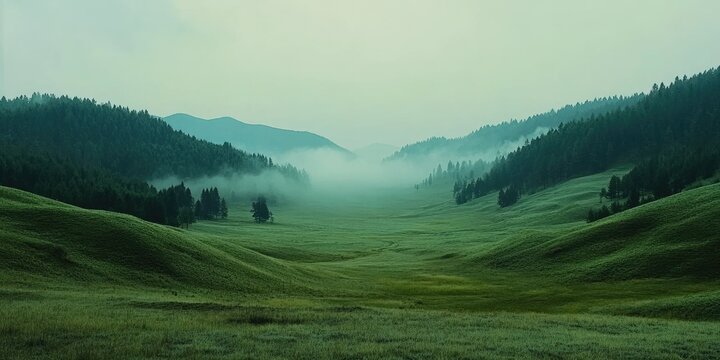 Misty valley with rolling hills