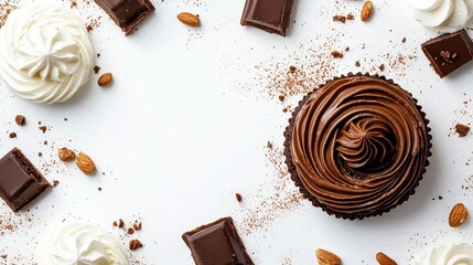 A chocolate cupcake, centered, is surrounded by chocolate squares, cocoa powder, almonds, and dollops of white frosting on a white background, creating a delectable frame
