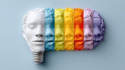 Face made of paper is cut into six pieces, each with a different color. The face is surrounded by a light bulb, which is a symbol of creativity and inspiration