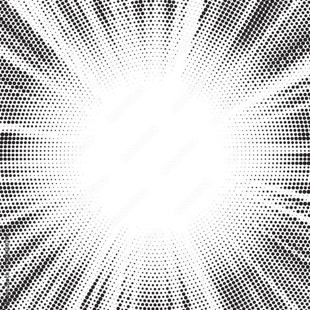 Poster Halftone gradient sun rays pattern. Abstract halftone vector dots background. monochrome dots pattern. Vector background in comic book style with sunburst rays and halftone. Retro pop art design.