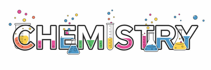 Chemistry text with colorful beakers and bubbling reactions &ndash; Suitable for school supplies, chemistry tutorials, or science lab promotions