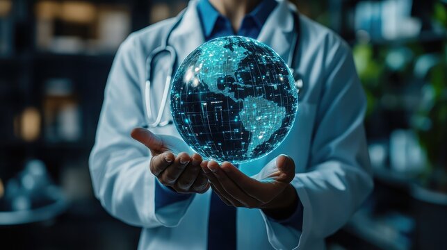 A doctor holding a digital globe in his hands wearing a white coat and a stethoscope around his neck