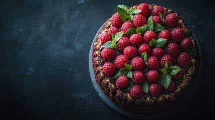 Round chocolate cake topped with fresh raspberries and mint