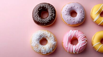 Row of donuts with different colors and toppings. The donuts are arranged in a row on a pink background