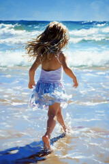 Fototapeta premium A Young Girl Joyfully Playing on a Sunlit Beach with High Resolution