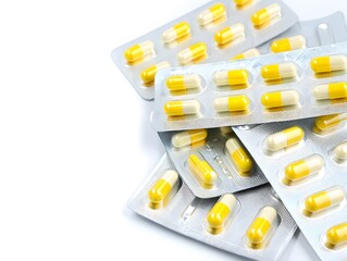 Close up view of yellow and white capsule pills in blister packs on white background