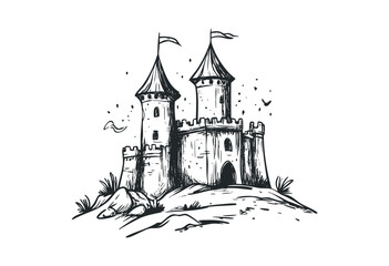Obraz premium Medieval castle with towers and flags in hand-drawn style. Vector retro hand drawn illustration