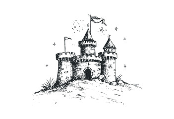 Fototapeta premium Sketch of a medieval fortress with flags and stars. Vector retro hand drawn illustration