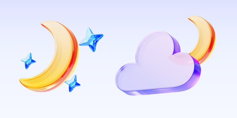 Weather forecast 3d render icon set. Yellow crescent with blue crystal stars, bright moon shining behind of glass holographic cloud. Clear night sky elements for app or ui design. 3D illustration