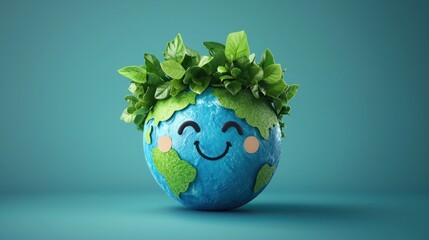 Illustration of Earth wearing a green leafy crown, happy face, World Environment Day celebration concept