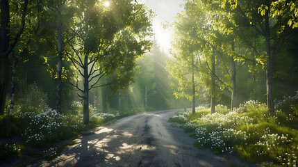 Fototapeta premium Serene Sunlit Forest Paths: Morning Light Filtering Through Lush Canopies