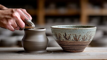 Person is making a pottery piece with a brush. A bowl is sitting next to the pottery piece