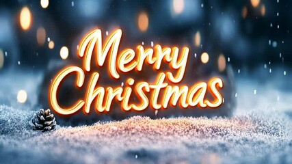 Merry christmas text in snowy winter wonderland with festive glowing lights. - Powered by Adobe