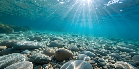 Underwater sunbeams on smooth river rocks