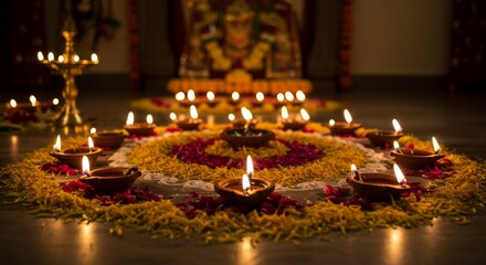 Oil lamps and rangoli with flower petals for puja
