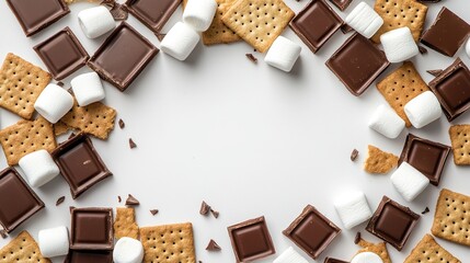 A flatlay showcasing graham crackers, marshmallows, and milk chocolate pieces arranged in a border around a central white space, suggesting s'mores ingredients