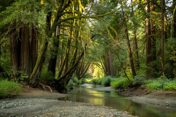 Serene stream flowing through mossy redwood forest