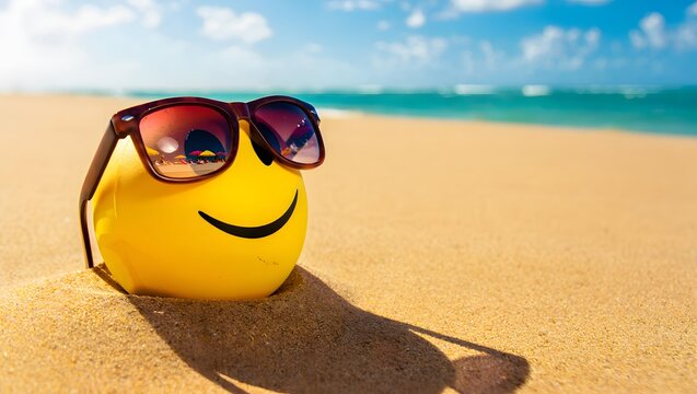 Yellow smiley face with sunglasses relaxing on sandy beach enjoying summer sunshine