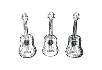 Fototapeta premium Hand-drawn sketch of three acoustic guitars in a classic trio arrangement. Vector retro hand drawn illustration