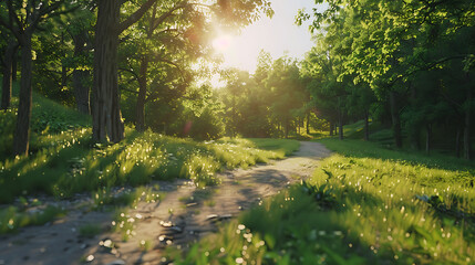 Obraz premium Serene Sunlit Forest Paths: Morning Light Filtering Through Lush Canopies